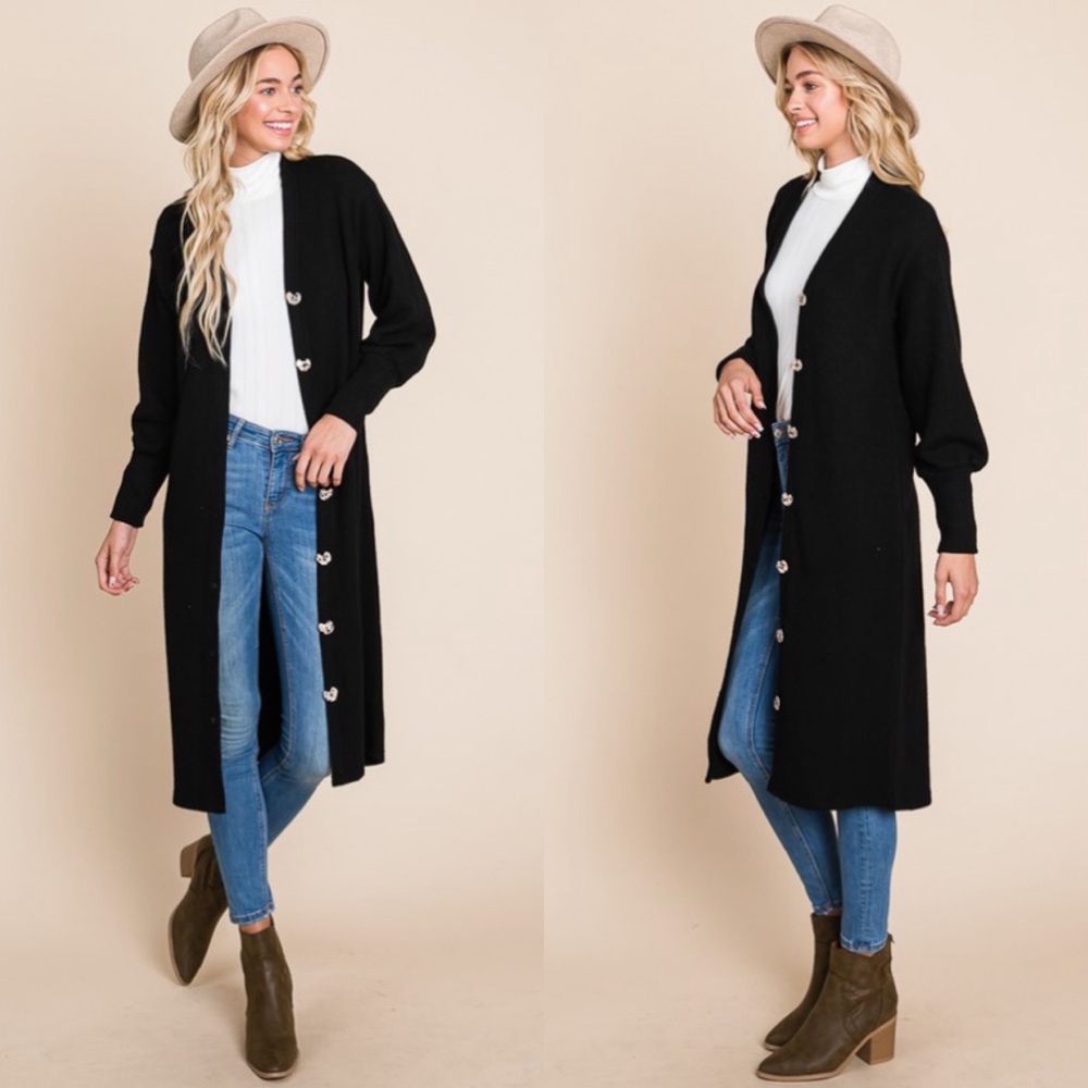 NEW! Luxe Ribbed Black V Neck Button Down Longline Cardigan/Midi Sweater Dress!